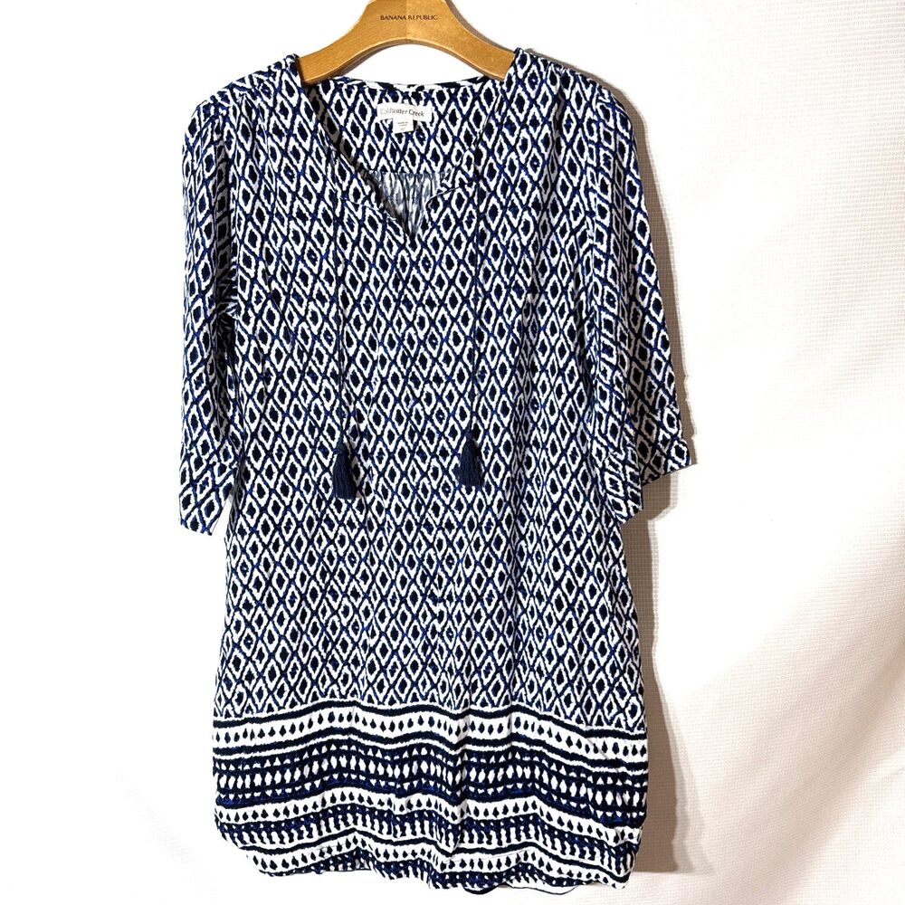 Beach lunch lounge shift dress swim cover up Boho tassel pockets Blue White - 6